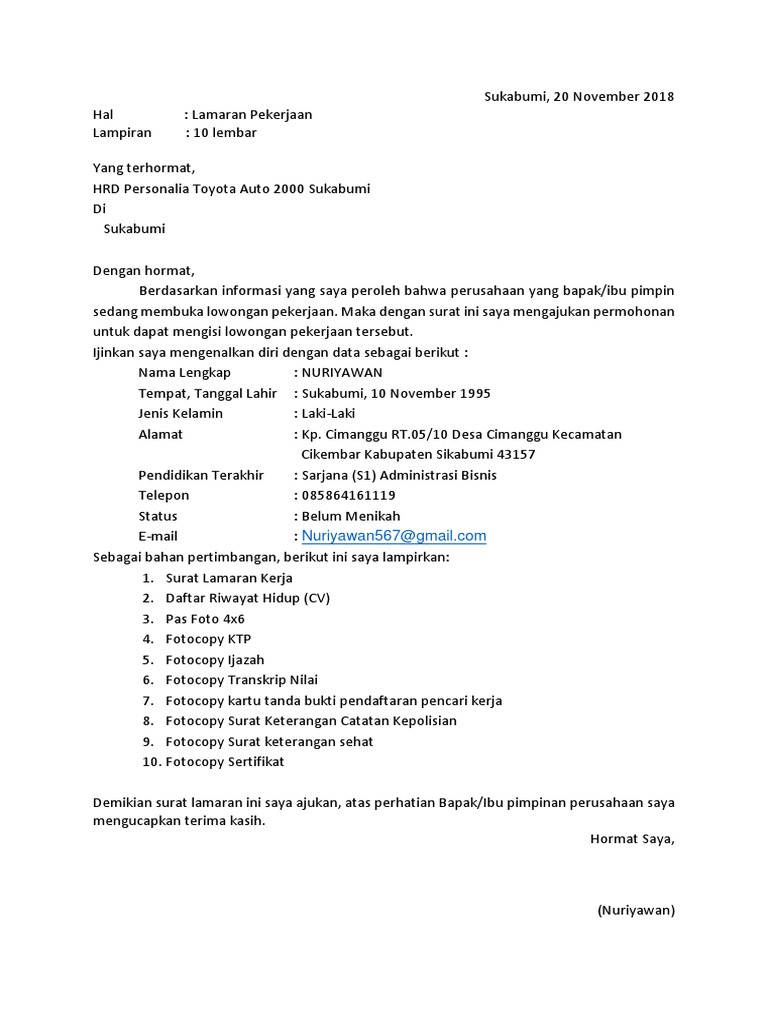 Contoh Surat Lamaran Kerja Nike Sukabumi
