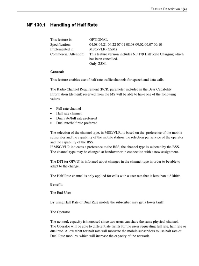 NF 130.1 Handling of Half Rate (MSC - VLR) | PDF | Electronics ...