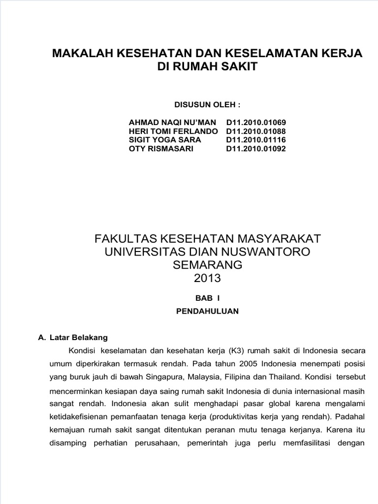 Makalah Kesehatan Dan Keselamatan Kerja Di Rumah Sakit