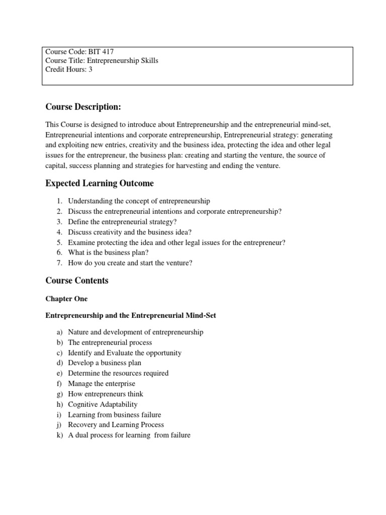 Entrepreneurship Skills Course Overview | PDF | Entrepreneurship ...