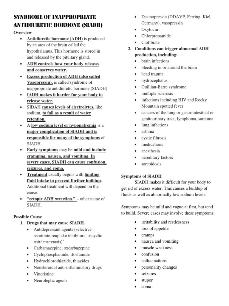 SIADH PDF Medical Specialties Diseases And Disorders