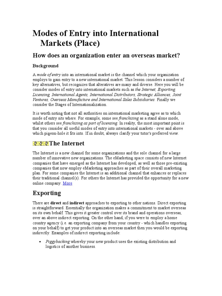 Modes of Entry Into International Markets | PDF | Joint Venture ...