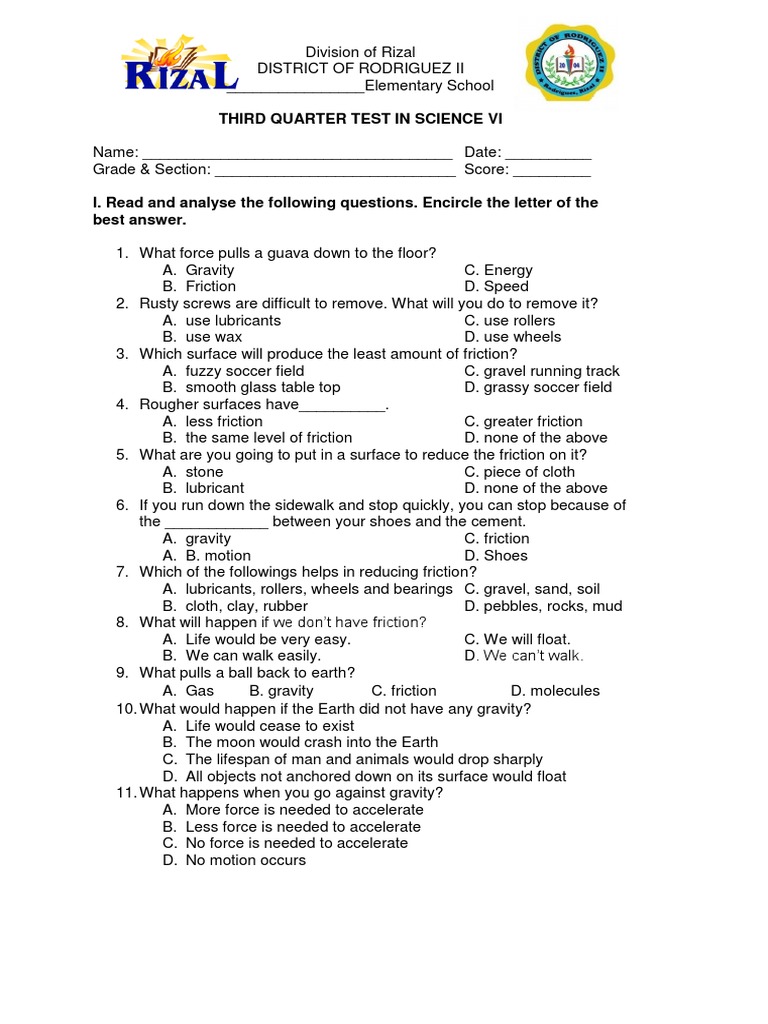 Grade 6 Science 3rd Quarter Test | PDF | Incandescent Light Bulb | Force