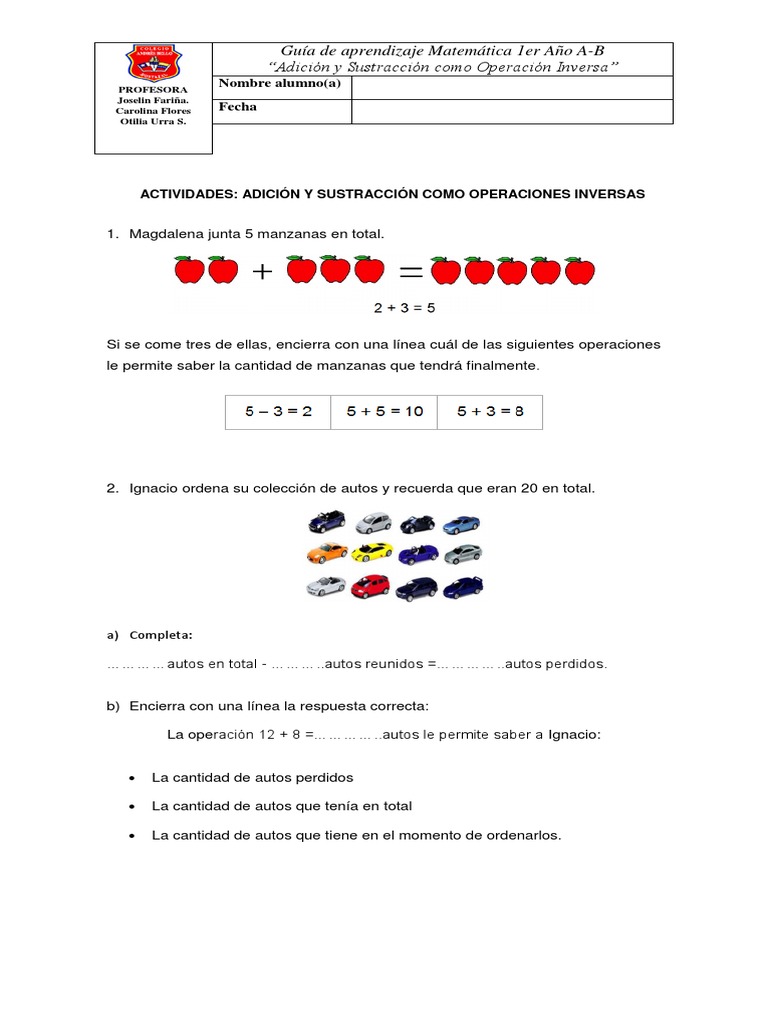 Adición y Sustracción: Operaciones Inversas | PDF | Sustracción ...