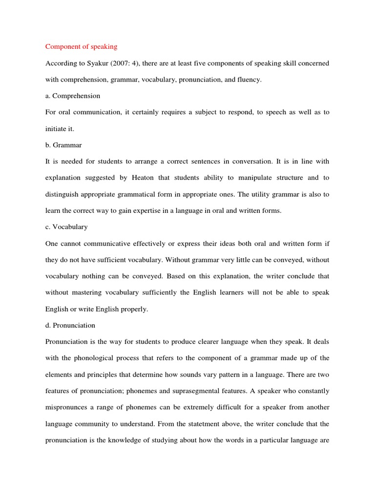 Component of Speaking PDF Speech Fluency