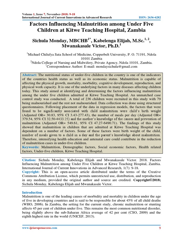 Factors Influencing Malnutrition Among Under Five Children at Kitwe ...