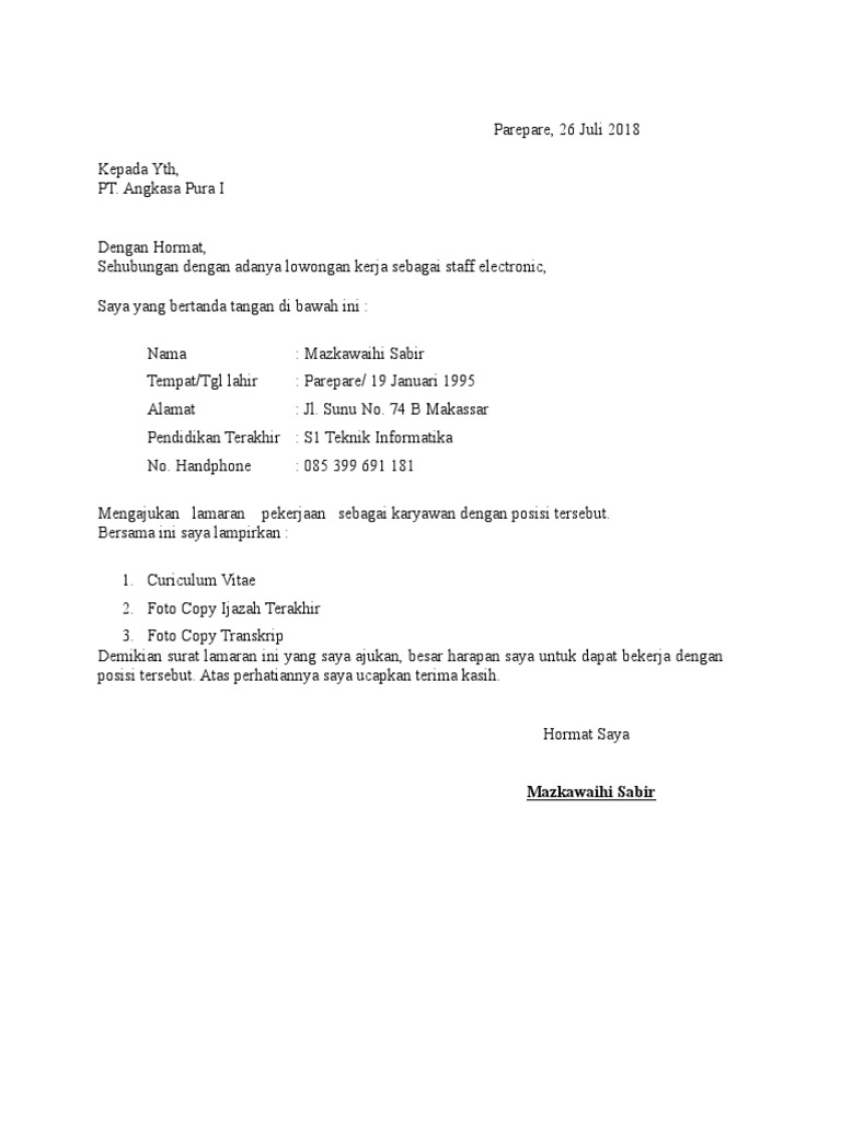 23+ Contoh Surat Lamaran Kerja Pt Angkasa Pura 1 ...