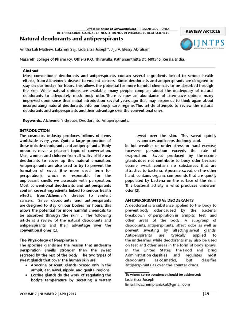 Natural Deodorants and Antiperspirants Review Article PDF Chemical