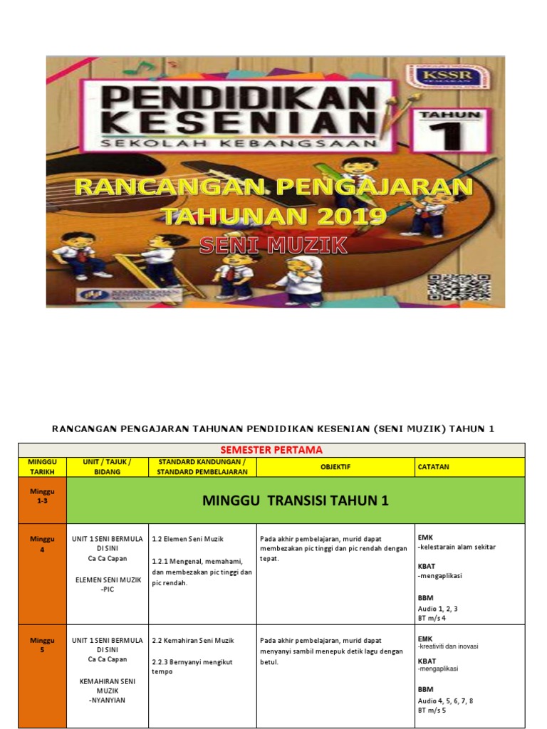 Rancangan Pengajaran Tahunan Pendidikan Kesenian Seni Muzik Thn 1 2019 Pdf