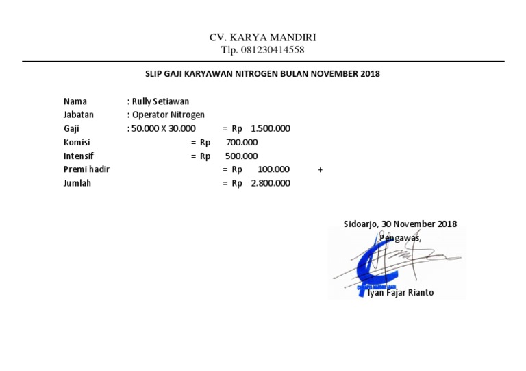 Slip Gaji Karyawan Nitrogen Bulan November 2018 A5