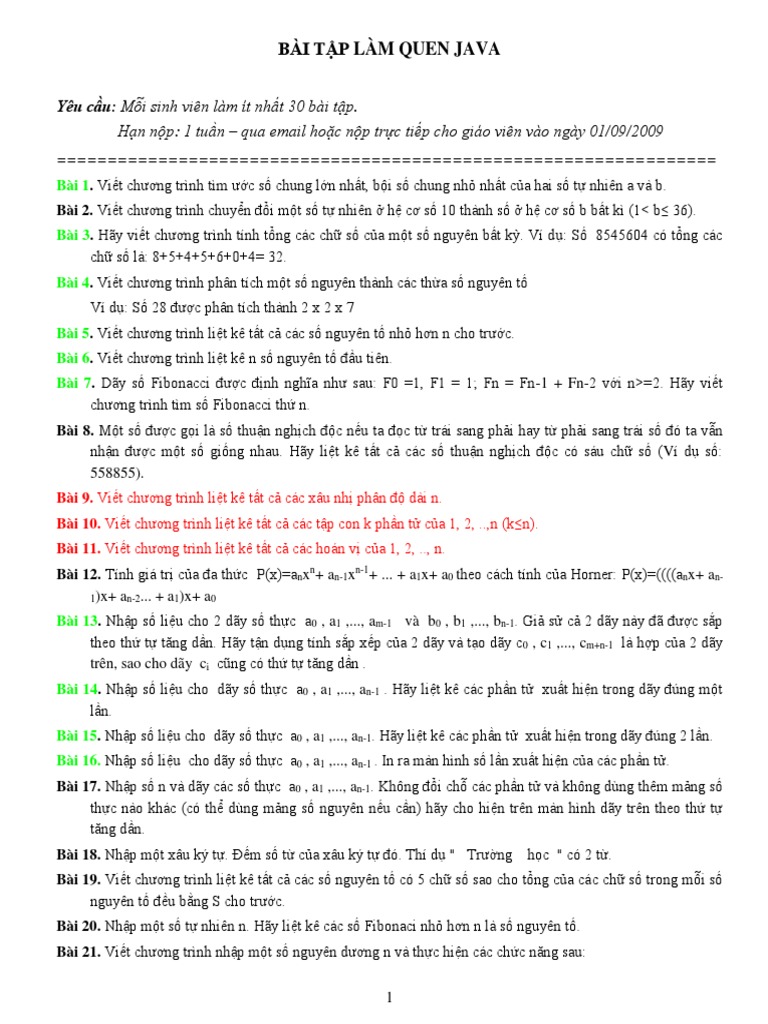 Tong Hop 42 Bai Tap Lap Trinh Java Co Ban + Dap An | PDF
