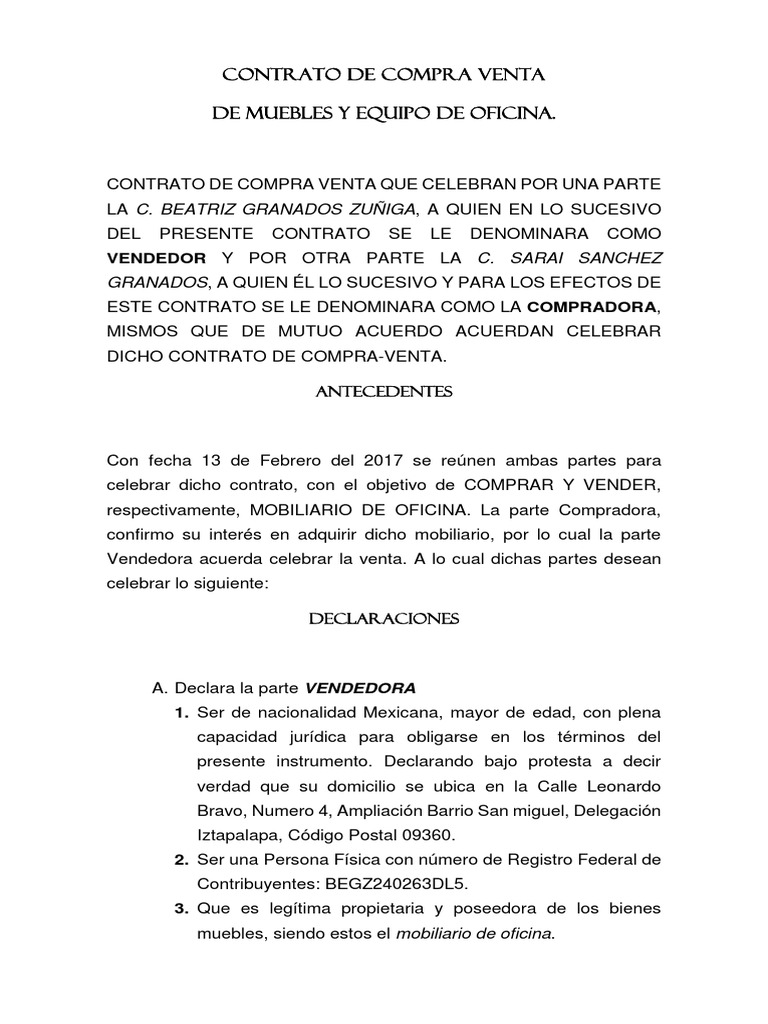 Contrato de Compra Venta de Mobiliario de Oficina PDF Pagos Bancos