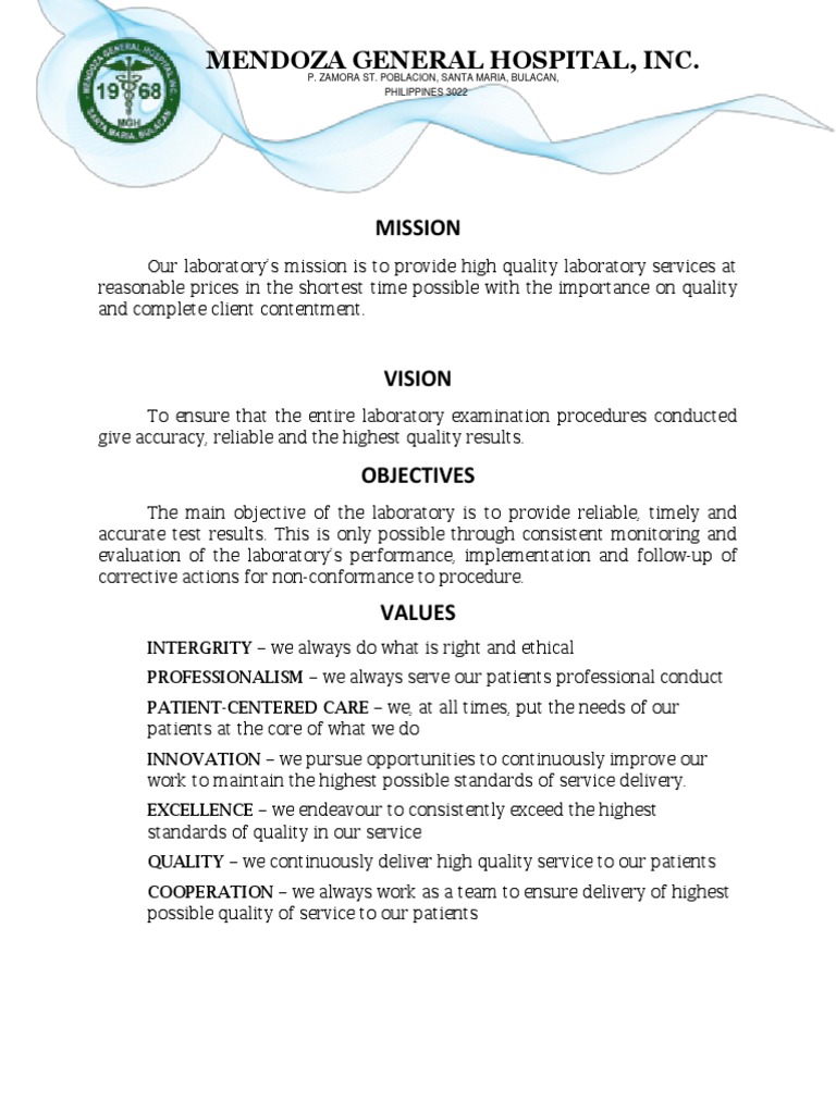 Mendoza General Hospital Mission & Vision | PDF