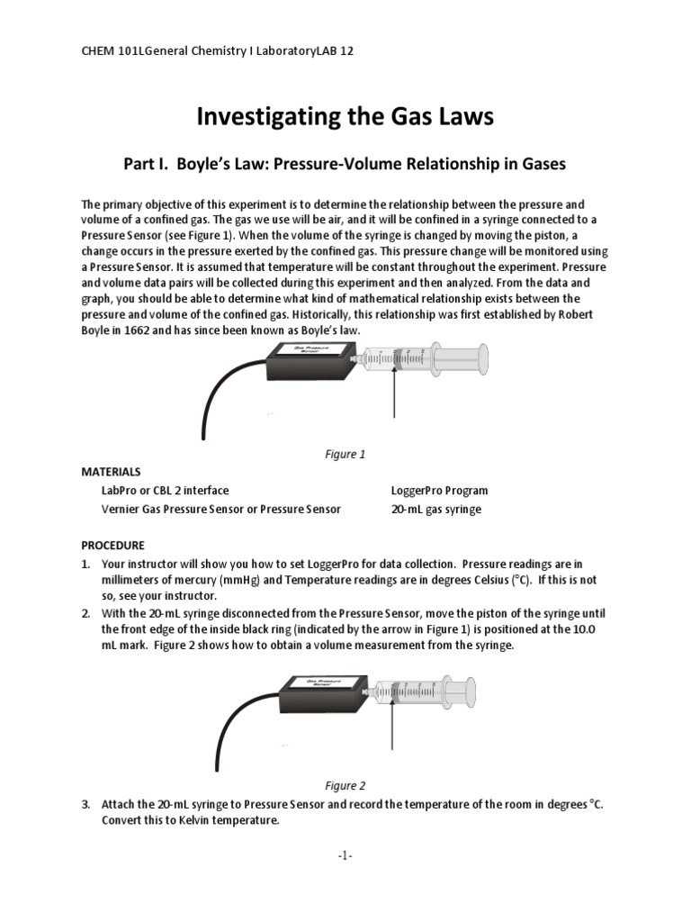 Chem 101 Lab 12 Gas Laws PDF Gases Pressure