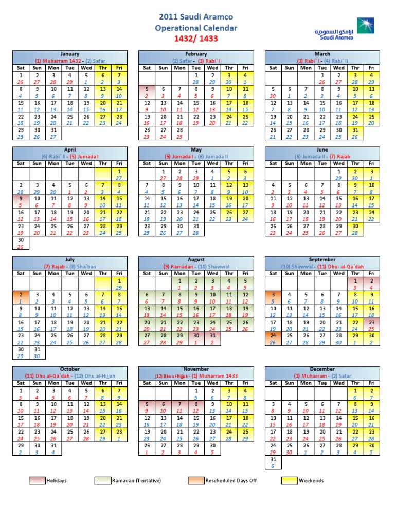 Saudi Aramco 2011 Operational Calendar | PDF | Ramadan | Abrahamic Religions