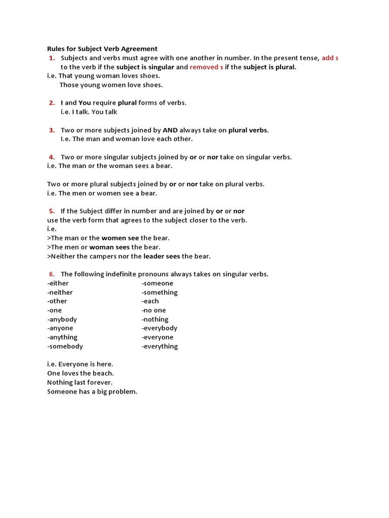 Rules For Subject Verb Agreement | PDF | Noun | Plural