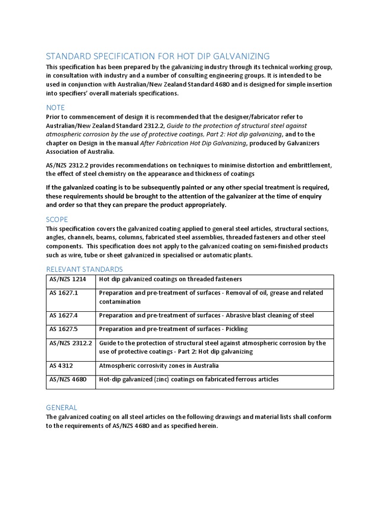 Standard Specification For Hot Dip Galvanizing | PDF | Galvanization ...