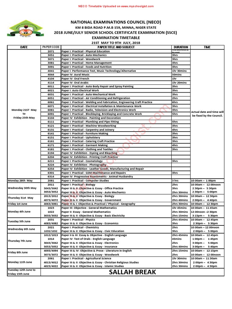 Neco Timetable PDF Paper Nature