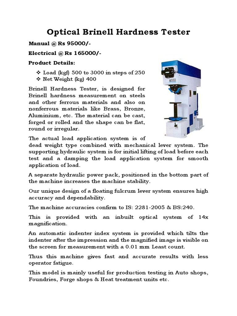 Optical Brinell Hardness Tester Manual | PDF | Hardness | Machines