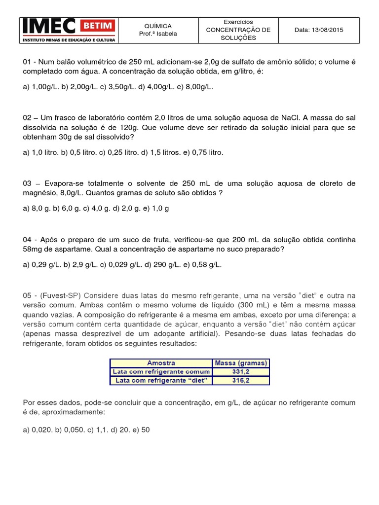 Exercícios - Concentração de Soluções | Solução | Mol (Unidade)