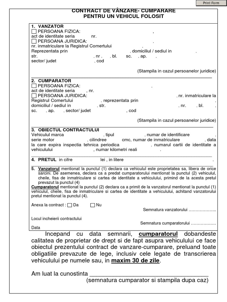 Contract Vanzare Cumparare Pentru Un Vehicul Folosit