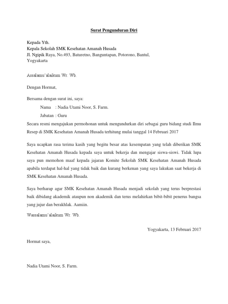Contoh Surat Pengunduran Diri