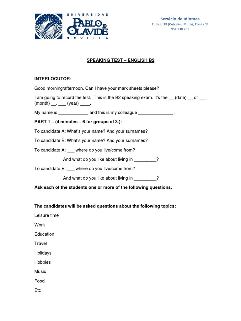 B2 English Speaking Test Format | PDF