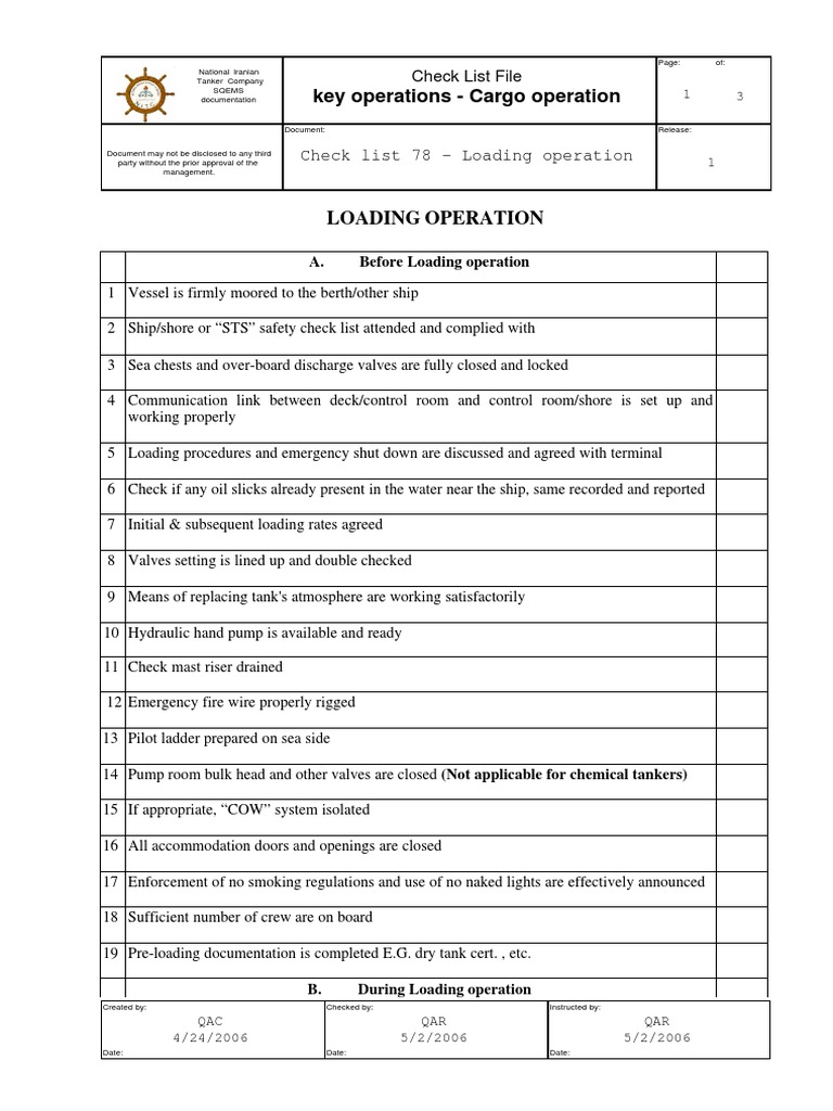 Chemical Tanker Loading Checklist | PDF | Oil Tanker | Ships