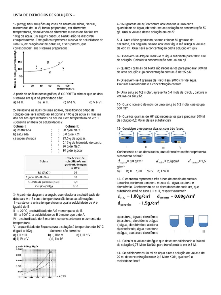 Lista de Exercícios de Soluções e Solubilidade.docx | Solução ...