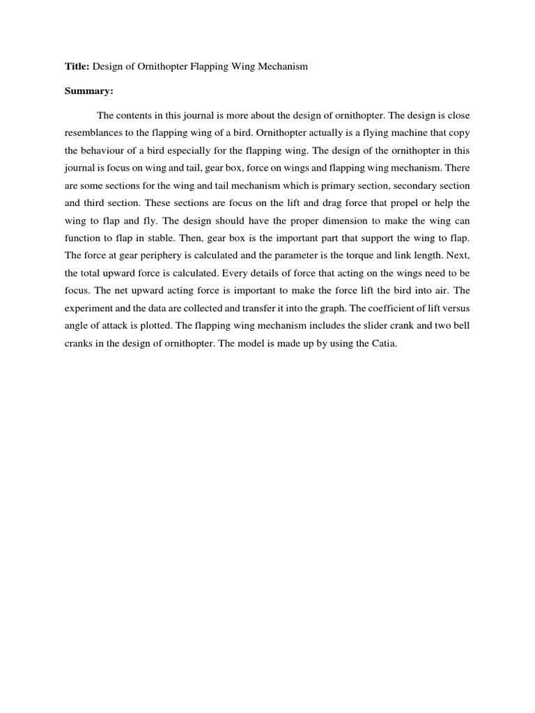 Title: Design of Ornithopter Flapping Wing Mechanism Summary | PDF ...