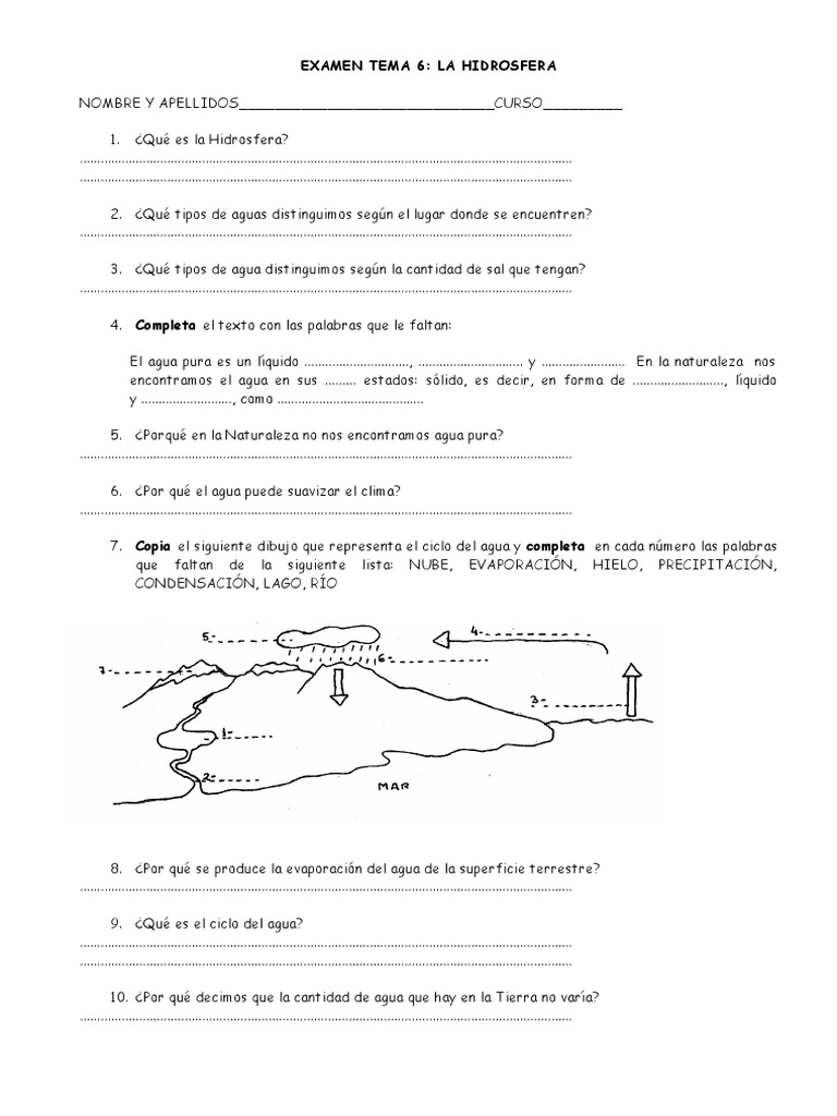 Examen Tema 6 La Hidrosfera | PDF | El ciclo del agua | lago