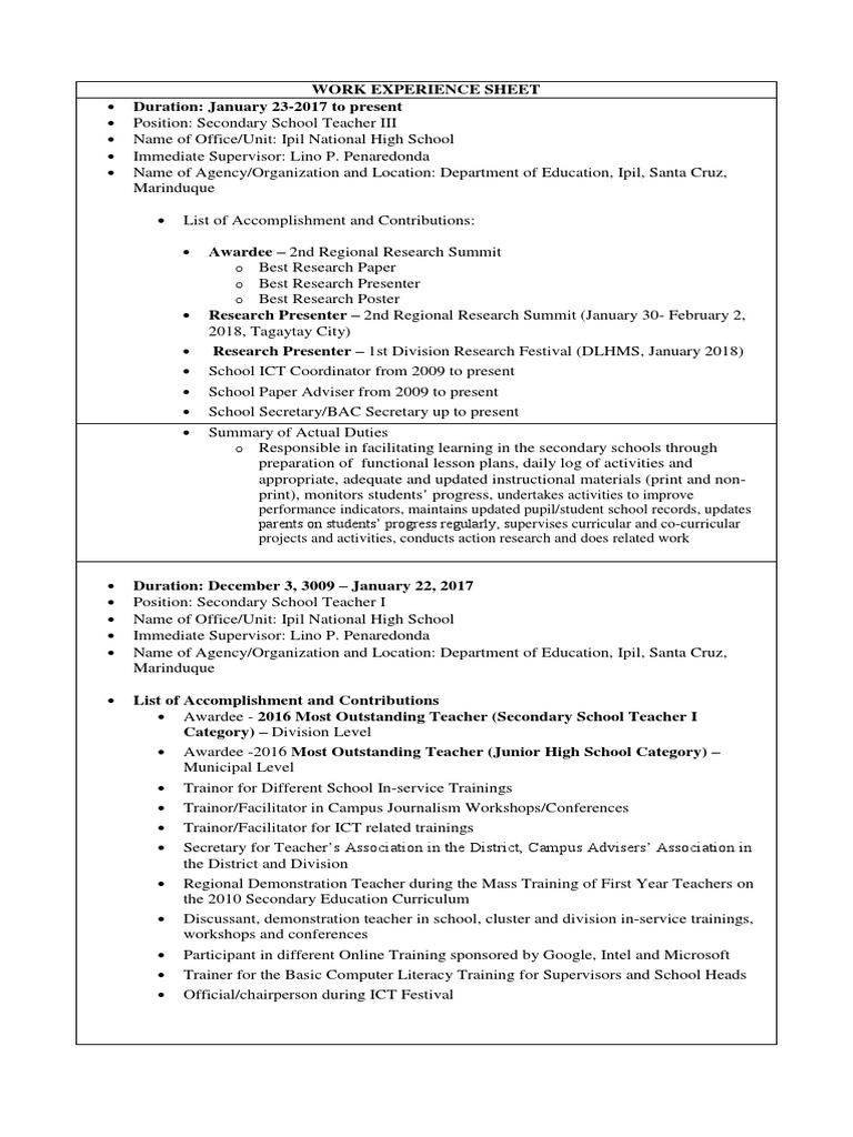 Teacher III Work Experience Summary | PDF | Educational Technology ...