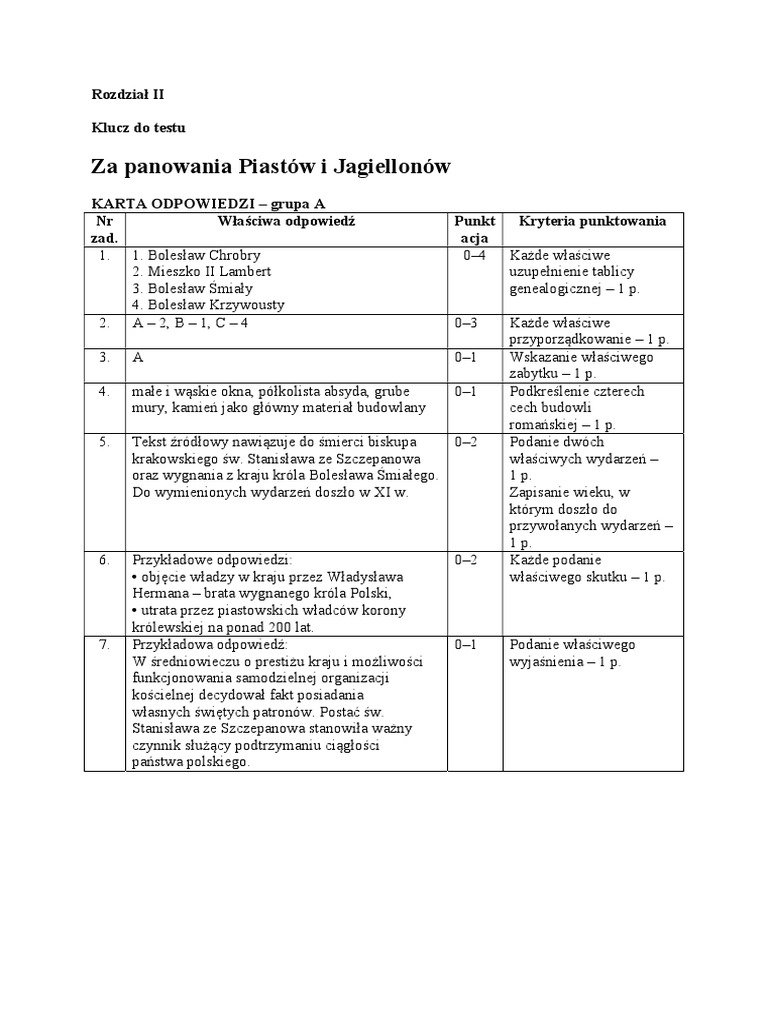Test Od Piastów Do Jagiellonów Klasa 4