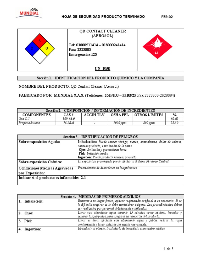 MSDS QD Contact Cleaner PDF Combustión Dióxido de carbono