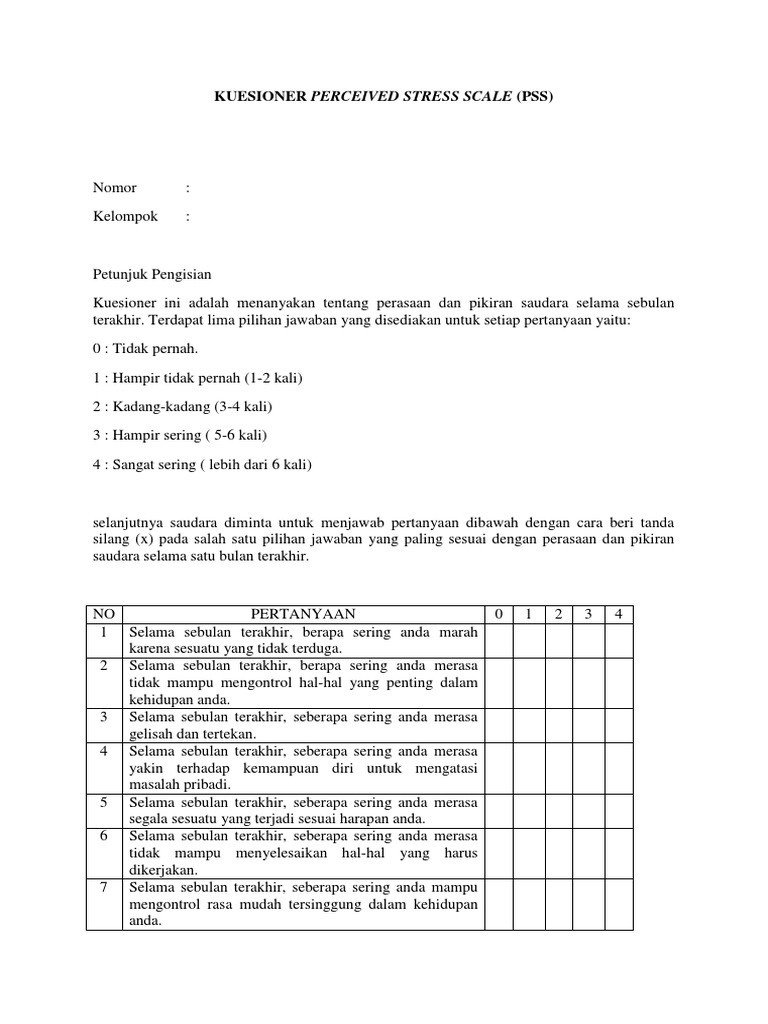 Kuesioner Skala Stres PSS-10 Indonesia | PDF | Karier & Perkembangan ...