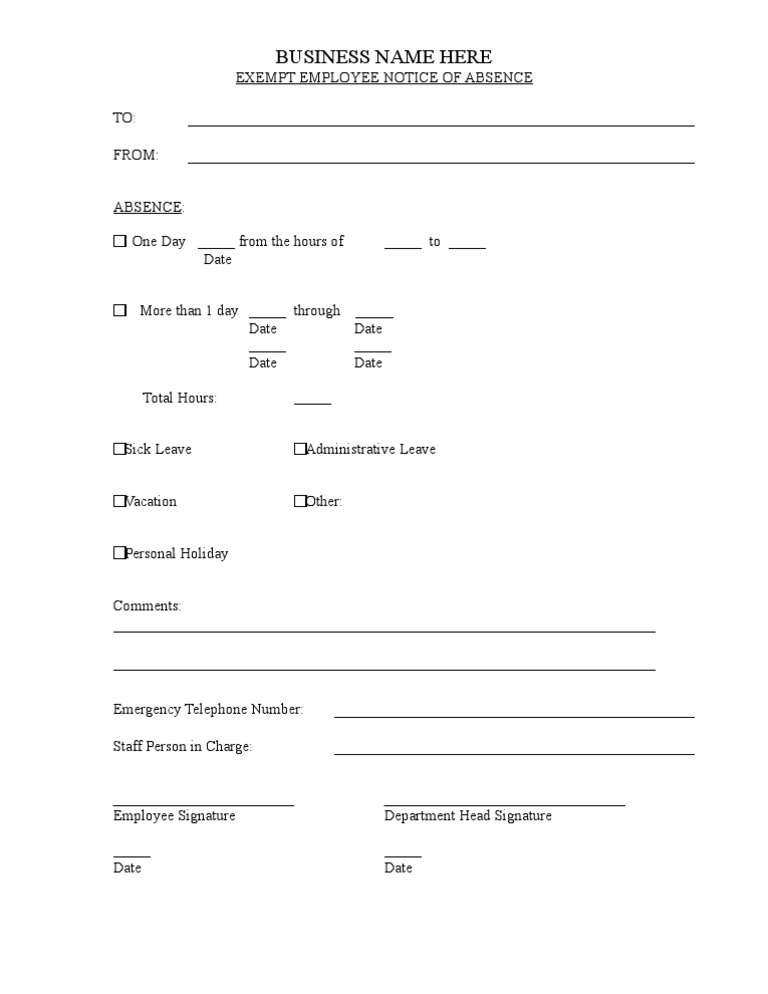 Exempt Employee Notice of Absence Sample