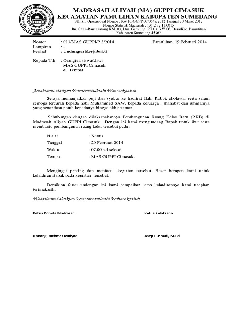 Surat Undangan Kerja Bakti Rt