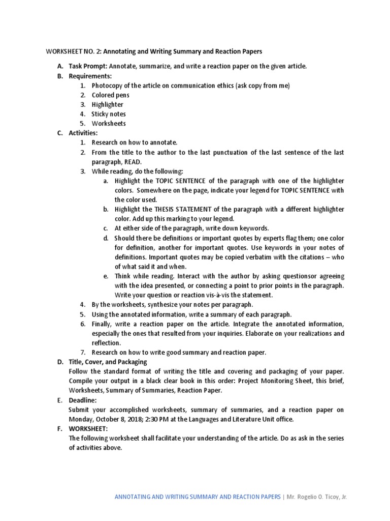 A. Task Prompt: Annotate, Summarize, and Write A Reaction Paper On The ...