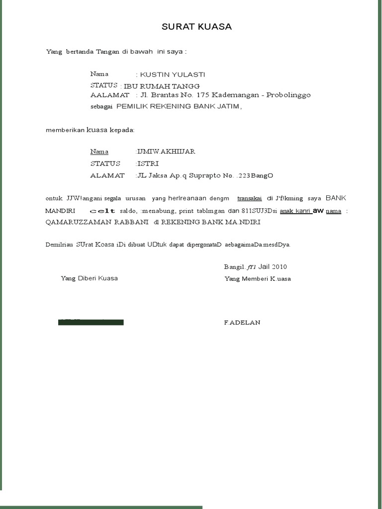 Contoh Surat Kuasa Bank Mandiri Pdf