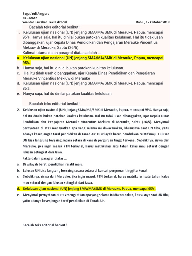 Soal Dan Jawaban Teks Editorial