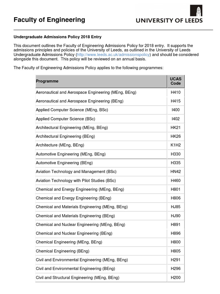 2018 Engineering Admissions Policy | PDF | Gce Advanced Level (United ...