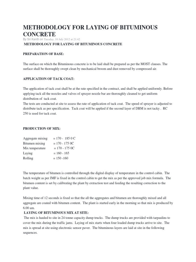 Bituminous Concrete Laying Methodology | PDF | Asphalt | Construction ...