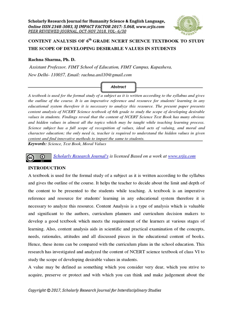 CONTENT ANALYSIS OF 6th GRADE NCERT SCIENCE TEXTBOOK TO STUDY THE SCOPE ...