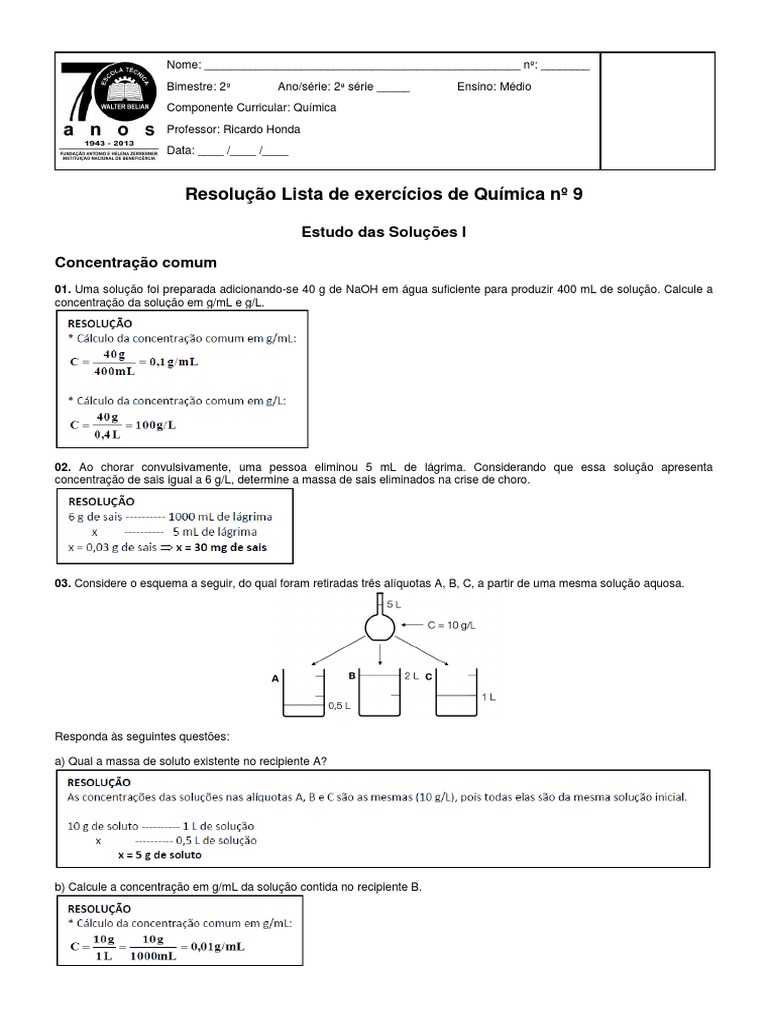 Resolução Lista de exercícios de Química nº 9: Estudo das Soluções I ...