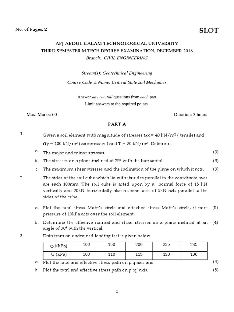 Critical State Soil Mechanics Exam Questions PDF Stress (Mechanics