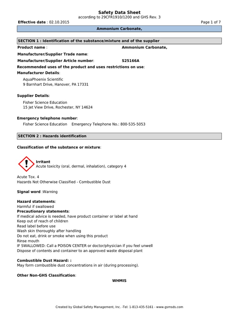 Safety Data Sheet for Ammonium Carbonate PDF Dangerous Goods Dust