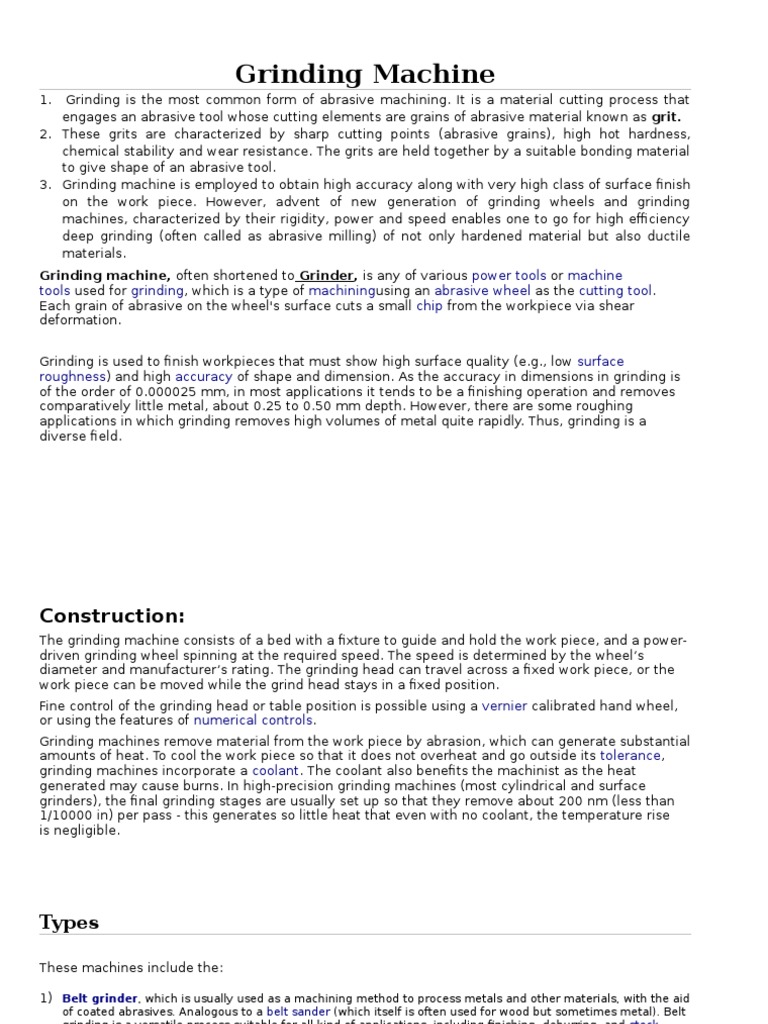 Grinding (Abrasive Machining) Principles, Types of Grinding Machines