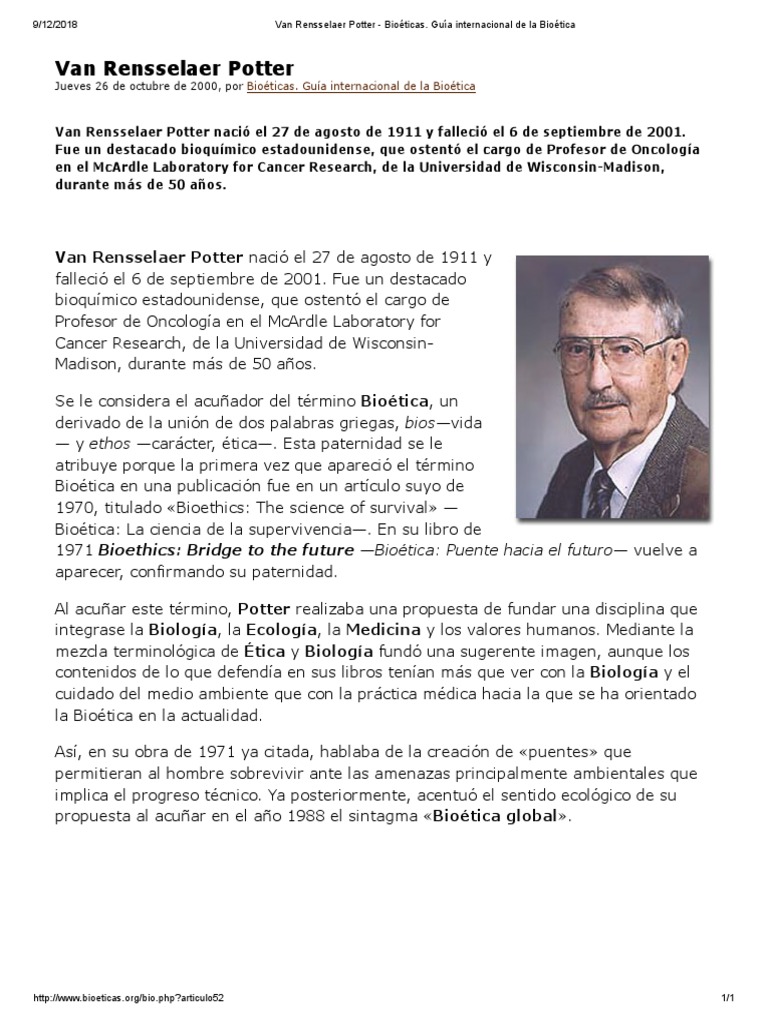 Van Rensselaer Potter Bioéticas. Guía Internacional de La Bioética PDF