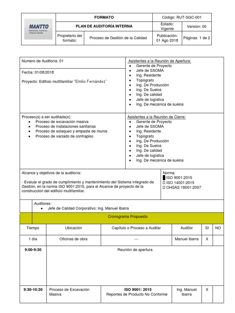 Plan de Auditoría Interna ISO 9001:2015 | PDF | Auditoría | Business