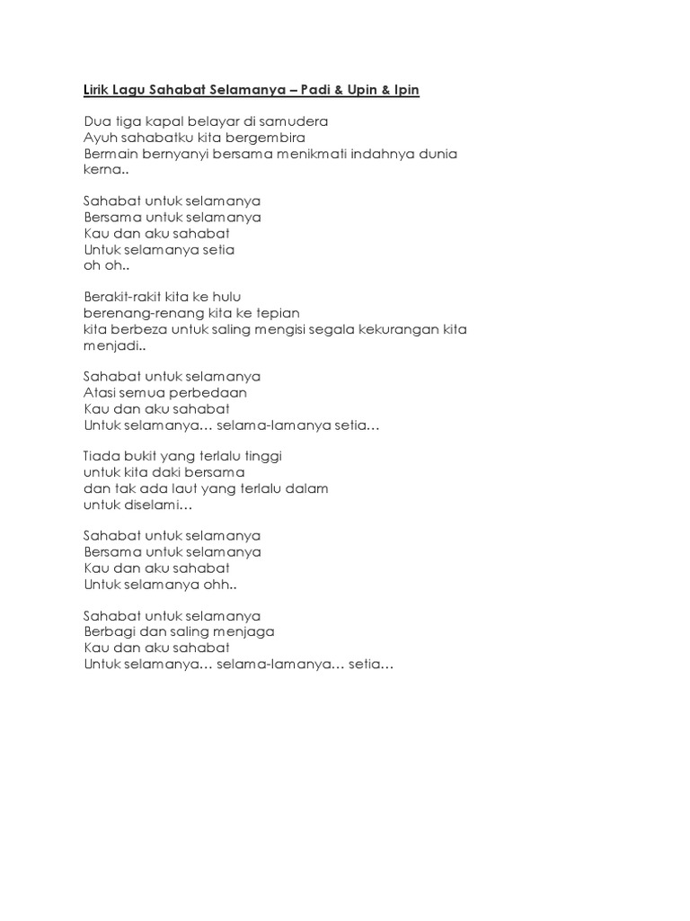 Lirik Lagu Sahabat Selamanya Padi & Upin Ipin | PDF | Seni & Disiplin
